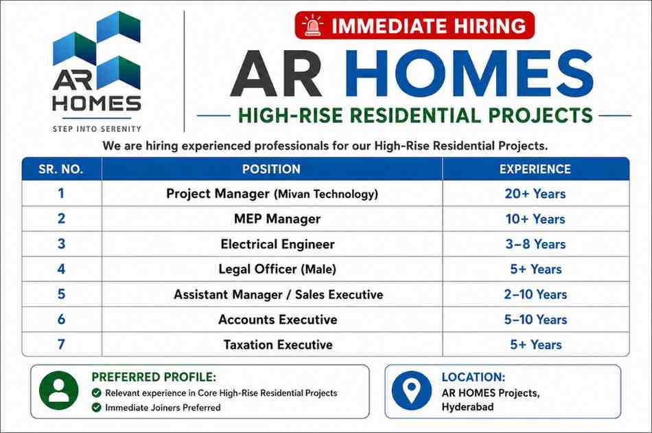 AR Homes Recruitment 2026 | Project Manager, MEP Manager, Electrical Engineer & Sales Jobs | Hyderabad