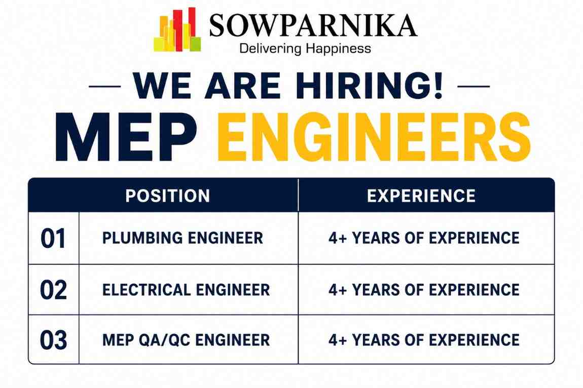 sowparnika projects Recruitment 2026 | Plumbing Engineer, Electrical Engineer & MEP QA/QC Engineer Jobs | Mivan Project Vacancies