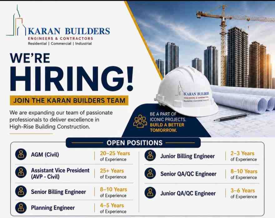 Karan Builders Recruitment 2026 | AGM Civil, AVP Civil, QA/QC Engineer, Billing Engineer & Planning Engineer Jobs | Pune