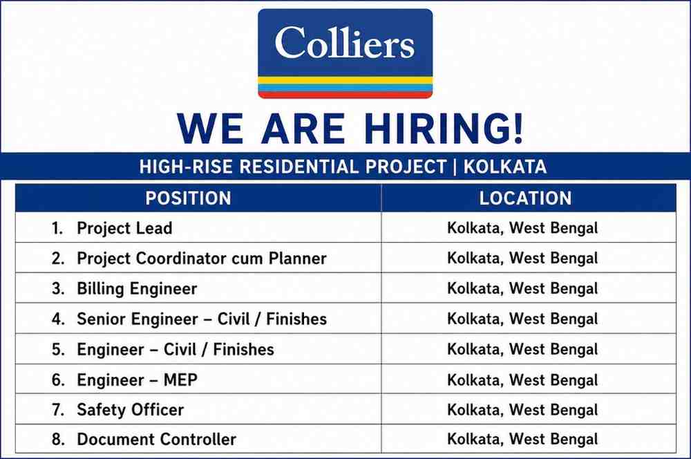 TAKSH Structbuild Pvt. Ltd. Recruitment 2026 | Precast Construction Jobs | BDM, Design Engineer, Lab Technician & More 2 Colliers Recruitment 2026 | High-Rise Residential Project Jobs in Kolkata | Project Lead, Planning, Billing, MEP & Safety