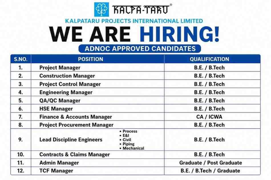 Everest Infra Ventures Recruitment 2026 – Hospital Construction Jobs in Ranchi 3 Kalpataru Projects International Limited Recruitment 2026 – Urgent Hiring for ADNOC Approved Candidates in Abu Dhabi