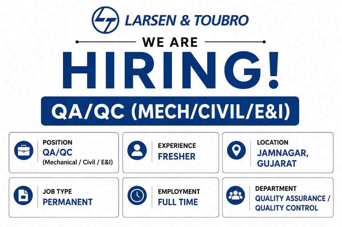 Larsen & Toubro Recruitment 2026: QA/QC Jobs for Freshers in Jamnagar