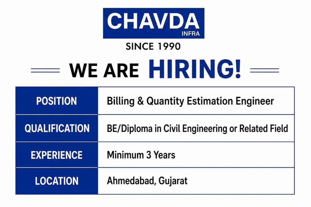 Megha Engineering & Infrastructure Ltd Hiring 2026 – QA/QC Engineer & Senior QA/QC Engineer 4 Chavda Infra Hiring 2026 – Billing & Quantity Estimation Engineer Jobs in Ahmedabad | Civil Construction