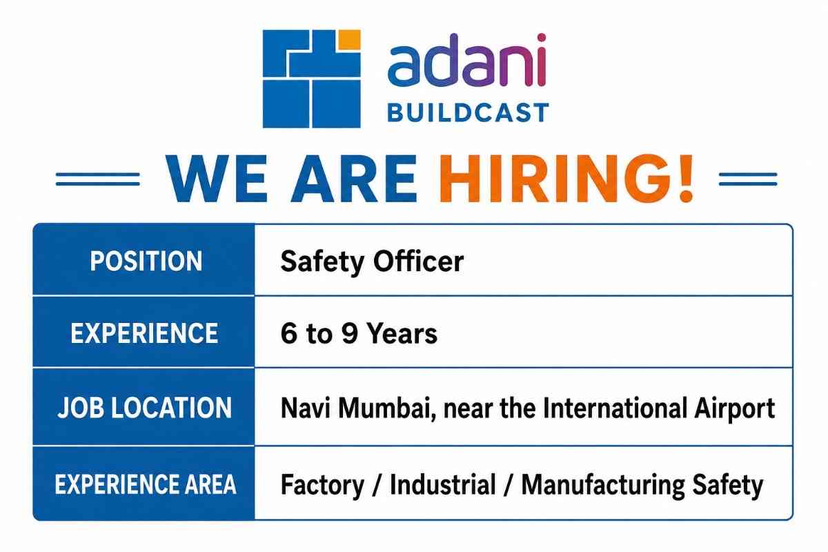 Sepadu Tech Recruitment 2026 | Civil & Structure Engineer and Designer Jobs in Pune 3 Adani Buildcast Hiring 2026 – Safety Officer Jobs in Navi Mumbai | 6 to 9 Years Experience