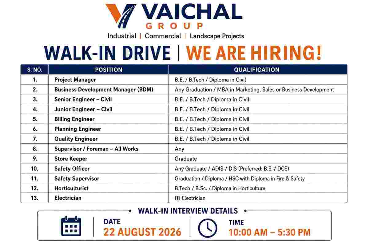Vaichal Group Walk-In Interview 2026 – Project Manager, Civil Engineer, Safety & Planning Jobs