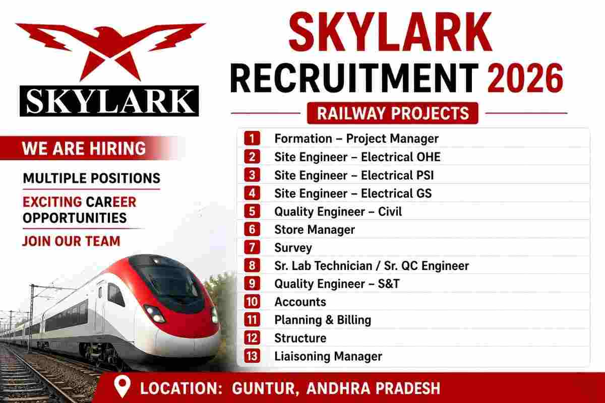RKC Infrabuilt Jobs 2026 – Project Manager, Highway Engineer, Surveyor & Plant Jobs in Gujarat & Maharashtra 3 Skylark Jobs 2026 – Railway Project Manager, Civil, Electrical & Planning Jobs in Guntur