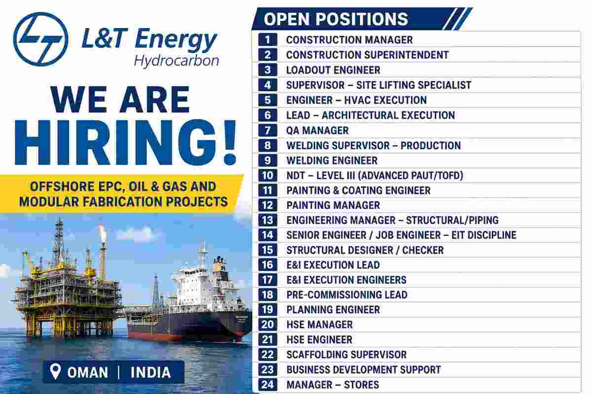 L&T Energy Offshore Jobs 2026 – 24+ Vacancies for EPC, Oil & Gas & Offshore Projects
