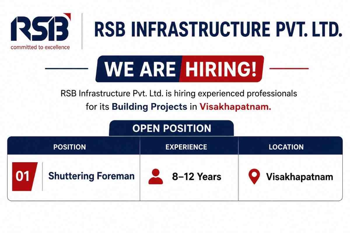 Taurus Contractors Recruitment 2026 | Oil & Gas Plant Jobs in Badaun UP | Operator, Maintenance & Technician Roles 2 RSB Infrastructure Recruitment 2026 – Shuttering Foreman Jobs in Visakhapatnam