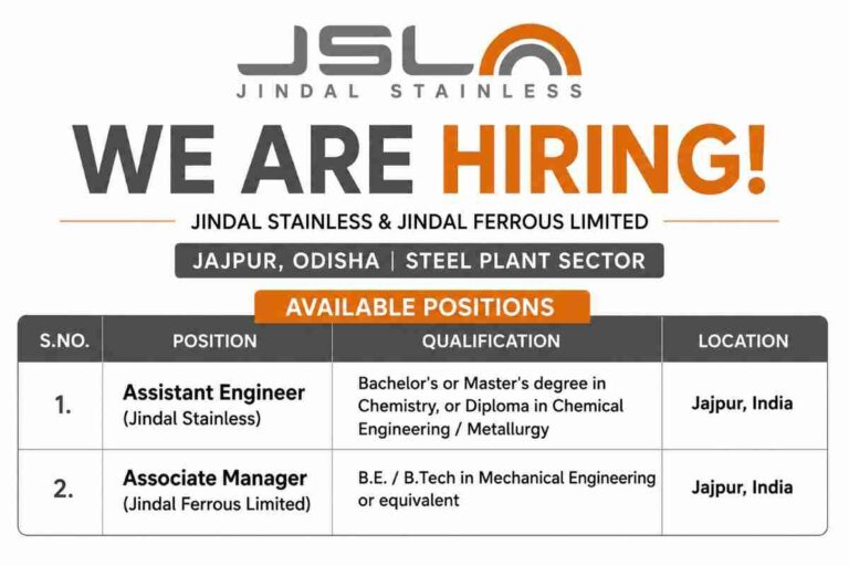 Jindal Stainless Recruitment 2026 – Assistant Engineer & Associate Manager Jobs in Jajpur