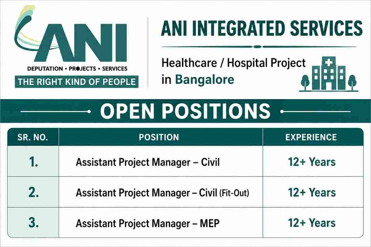 David Adamson India Jobs 2026 | MEP Manager, Cost Manager & Commercial/QS Vacancies in Noida 3 ANI Integrated Services Recruitment 2026 – Assistant Project Manager Civil, Fit-Out & MEP Jobs | Healthcare / Hospital Construction
