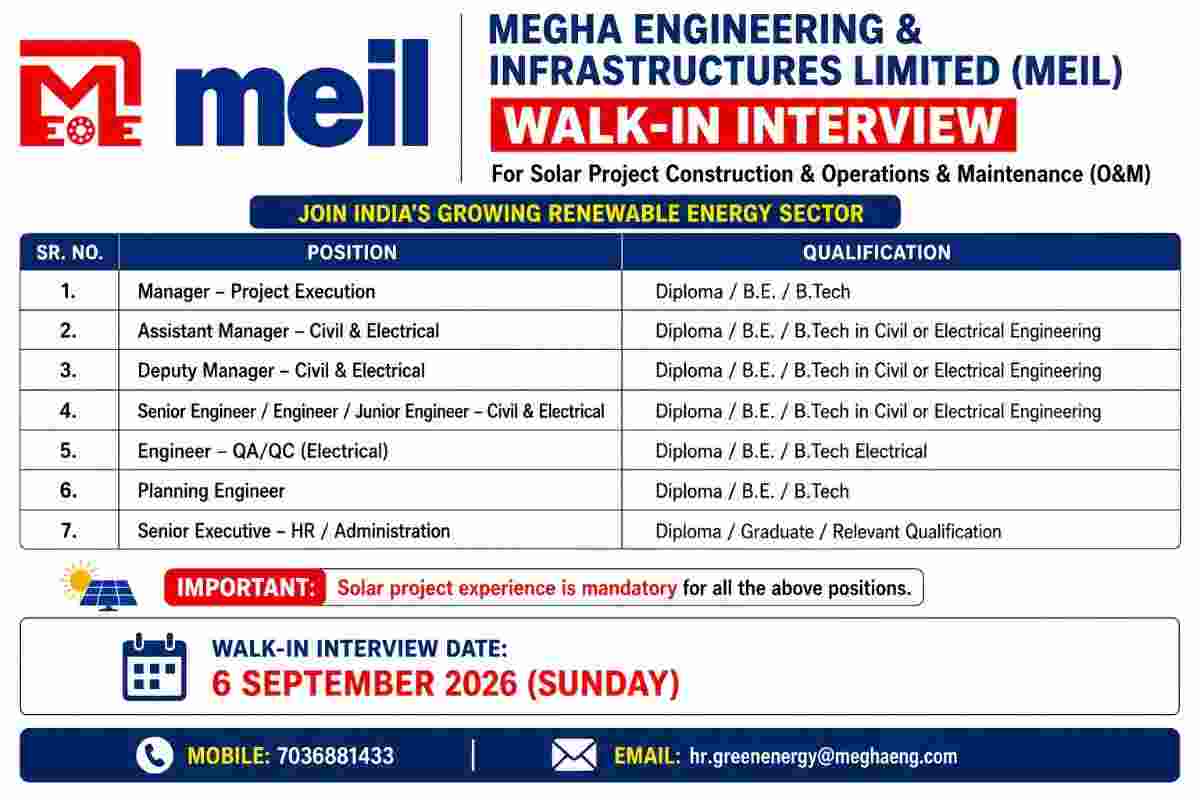 Megha Engineering & Infrastructures Walk-In Interview 2026 | Solar Project Construction & O&M Jobs | Civil & Electrical Vacancies