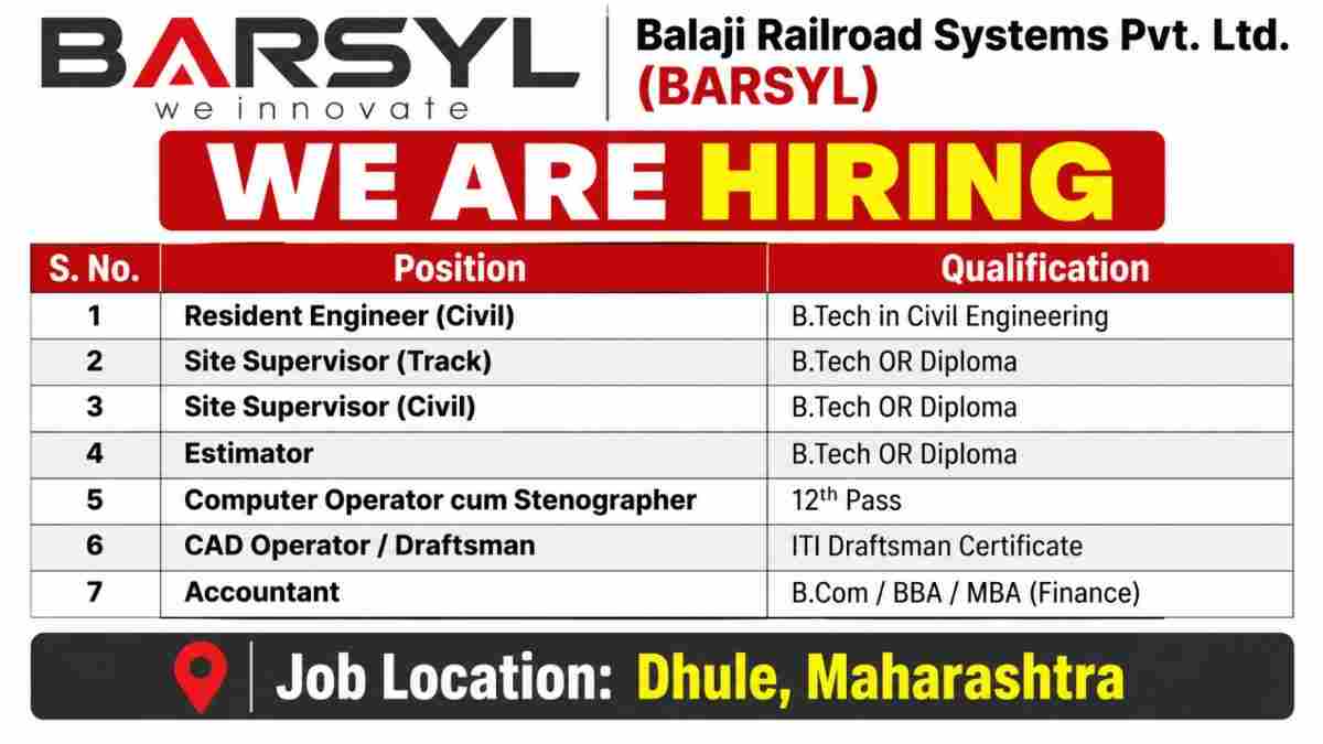 Balaji Railroad Systems Recruitment 2026 – Railway Infrastructure Jobs in Dhule, Maharashtra