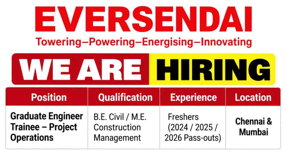Amara Raja Infra Limited Recruitment 2026 | Location: Odisha, Uttar Pradesh, Madhya Pradesh and Chhattisgarh. 3 Eversendai Recruitment 2026 – Graduate Engineer Trainee Jobs for Civil Engineering Freshers