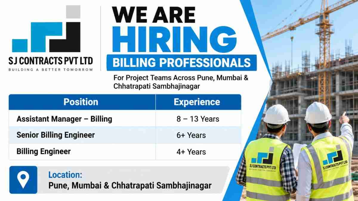 Theme Engineering Services Recruitment 2026 – Highway & Infrastructure Jobs Across India 3 SJ Contracts Recruitment 2026 – Billing & Quantity Surveying Jobs in Pune, Mumbai & Chhatrapati Sambhajinagar