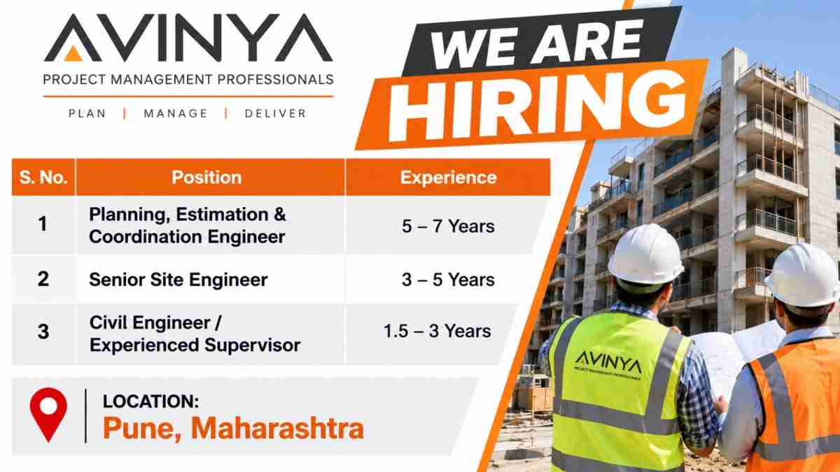 Avinya Project Management Recruitment 2026 – Civil Engineer, Site Engineer & Supervisor Jobs in Pune