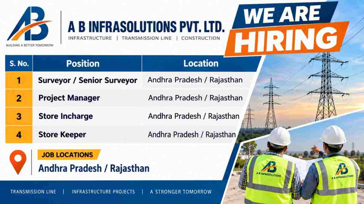 A B Infrasolutions Recruitment 2026 – Surveyor, Project Manager & Store Jobs in Andhra Pradesh & Rajasthan