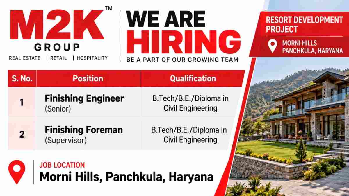 M2K Group Recruitment 2026 – Finishing Engineer & Finishing Foreman Jobs for Morni Resort Project, Panchkula