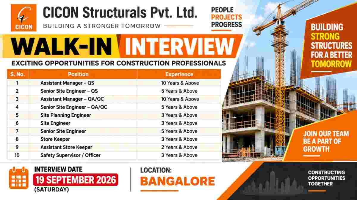 CICON Structurals Walk-In Interview 2026 – 10 Construction Jobs in Bangalore on 19 September