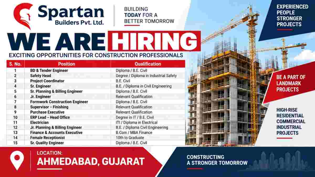 Spartan Builders Recruitment 2026 – 15 Construction Jobs in Ahmedabad | Civil, Planning, QA/QC & Safety
