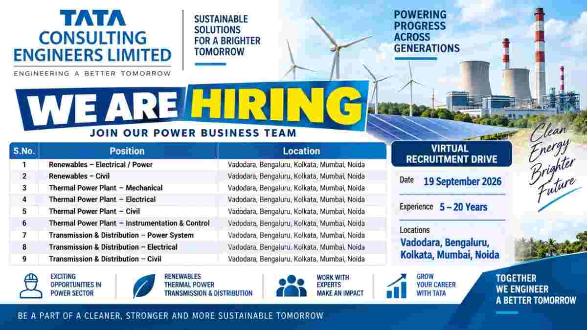 Tata Consulting Engineers Recruitment 2026 – Virtual Hiring for 5–20 Years Experienced Engineers | Power Jobs