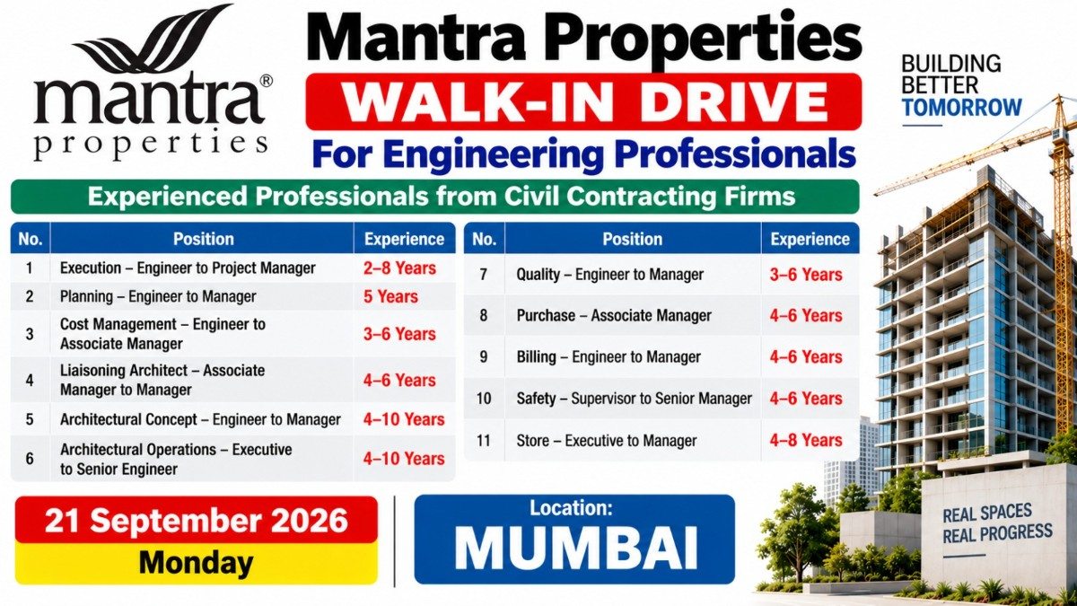 Mantra Properties Walk-In Drive 2026 | Engineering Jobs in Mumbai | Civil Contracting Jobs