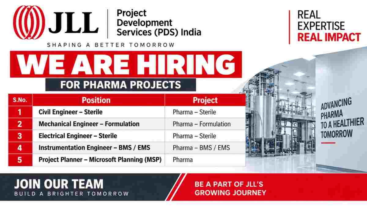 PNC Infratech Limited Recruitment 2026 | Coal Mines Jobs | Manager, Safety, Supervisor, Mechanical Vacancy 3 JLL Pharma Projects Recruitment 2026 | Civil, Mechanical, Electrical & Planning Engineer Jobs