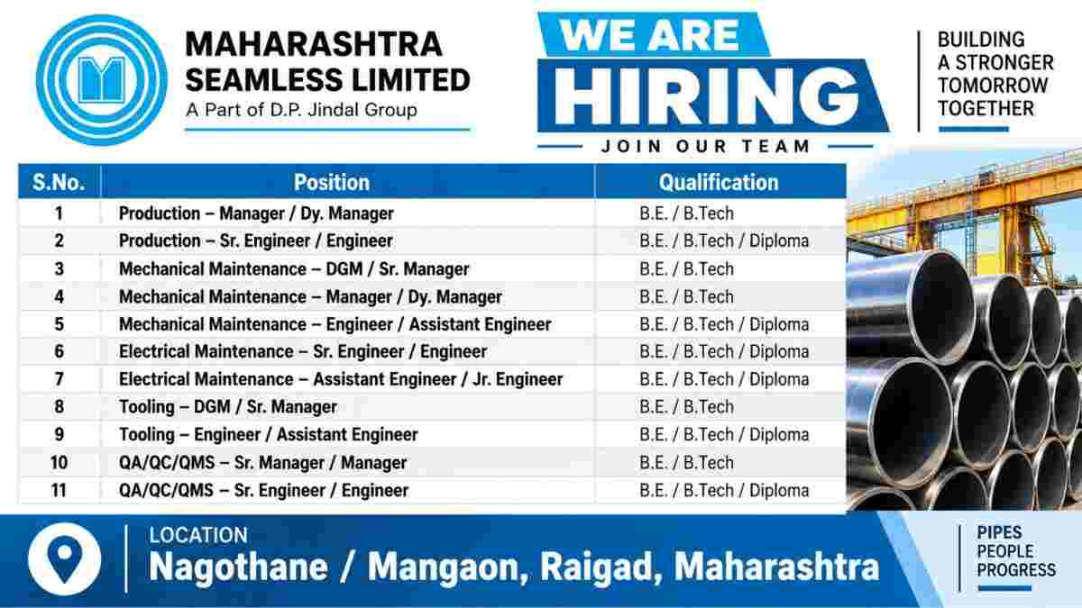 JP Infra Recruitment 2026 | Assistant Manager, Site Engineer, Supervisor & Safety Jobs 4 Maharashtra Seamless Recruitment 2026 | Mechanical, Electrical, Production & QA/QC Jobs
