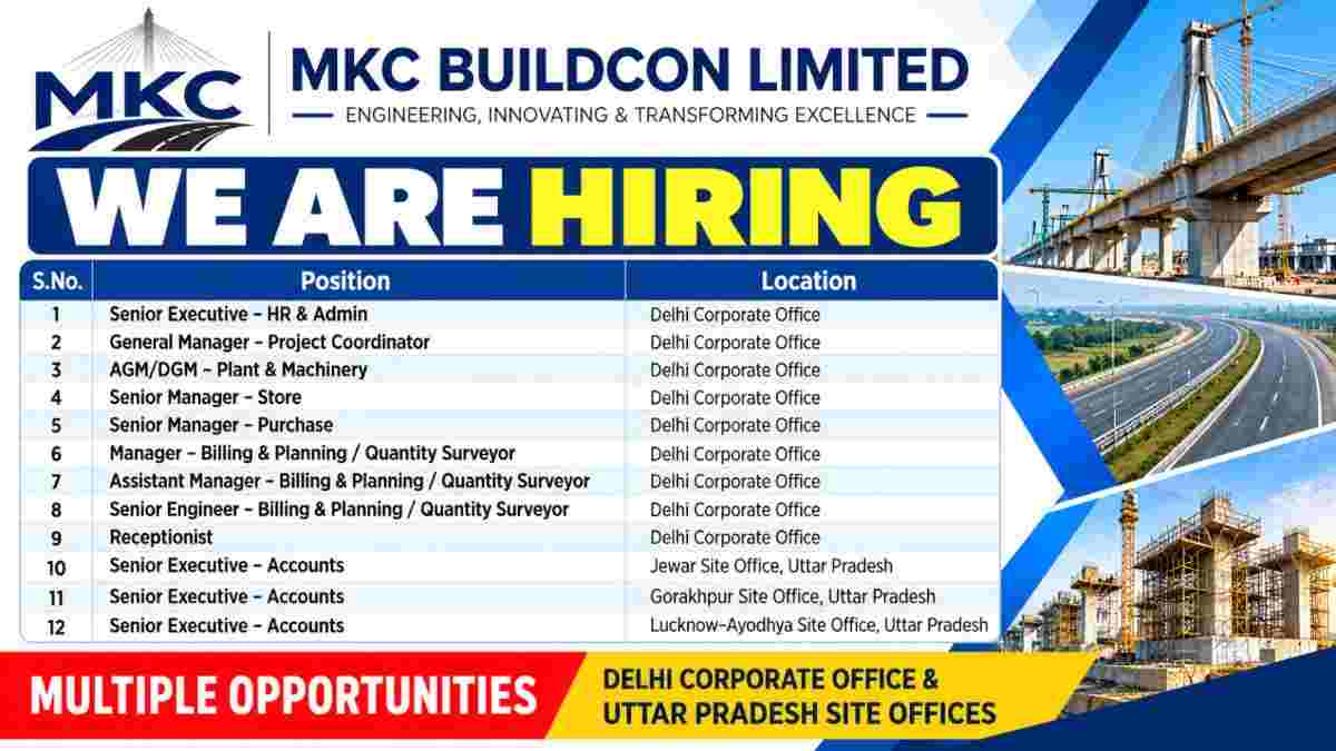 MKC Buildcon Recruitment 2026 – HR, Project, Plant & Machinery, Billing, QS & Accounts Jobs