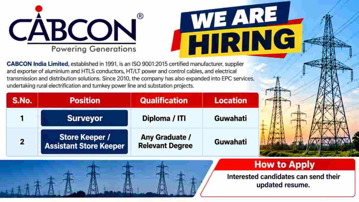 CABCON India Limited Recruitment 2026: Surveyor & Store Keeper Jobs in Guwahati | Transmission Line Project Vacancy