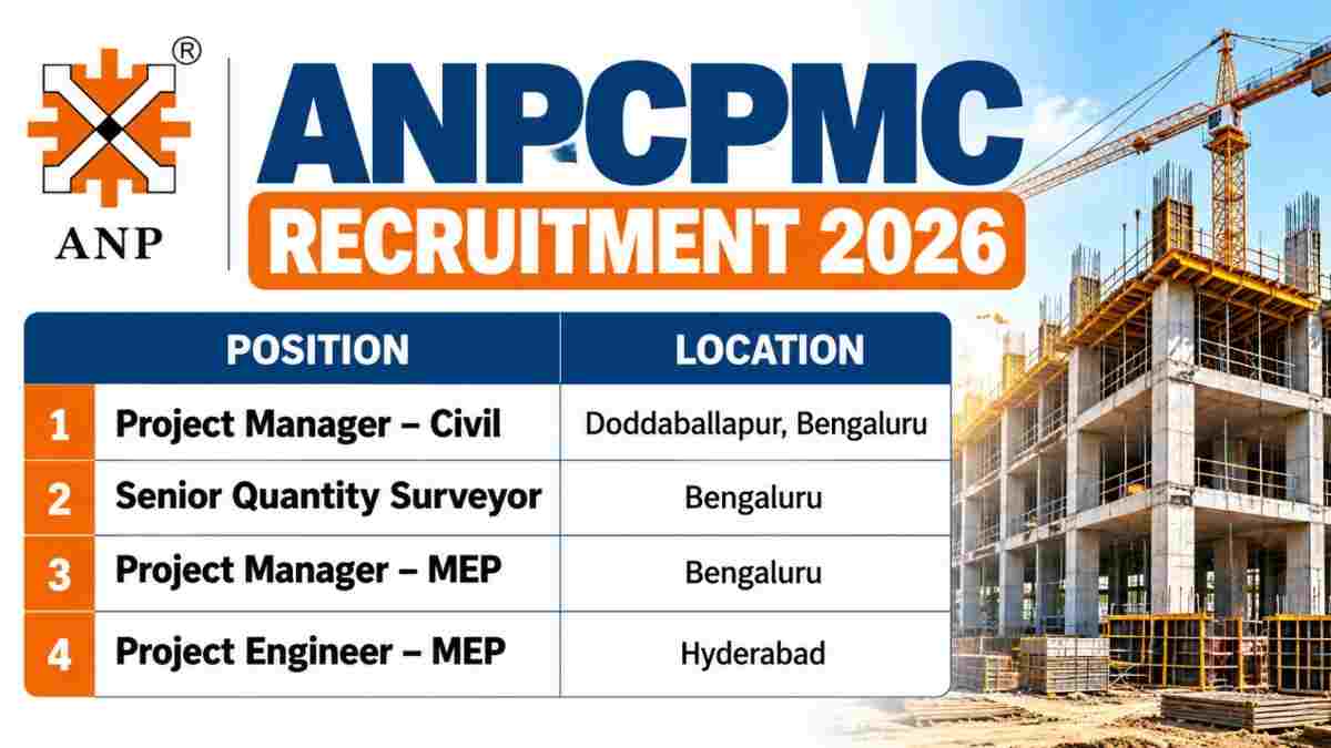 Aashar Group New Vacancy 2026 | Construction Jobs In Maharashtra 4 ANPCPMC Recruitment 2026: Project Manager, Quantity Surveyor & MEP Jobs in Bengaluru & Hyderabad
