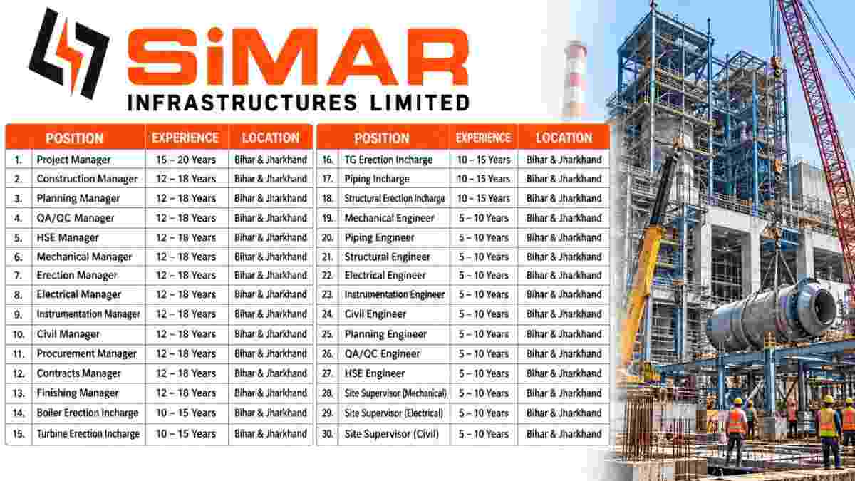 Simar Infrastructures Limited Recruitment 2026 – Urgent BTG Erection Jobs in Bihar & Jharkhand