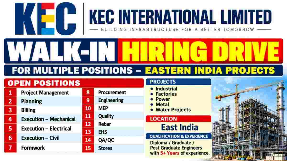 KEC International Recruitment 2026 – Walk-In Hiring for 15+ Roles in East India Projects