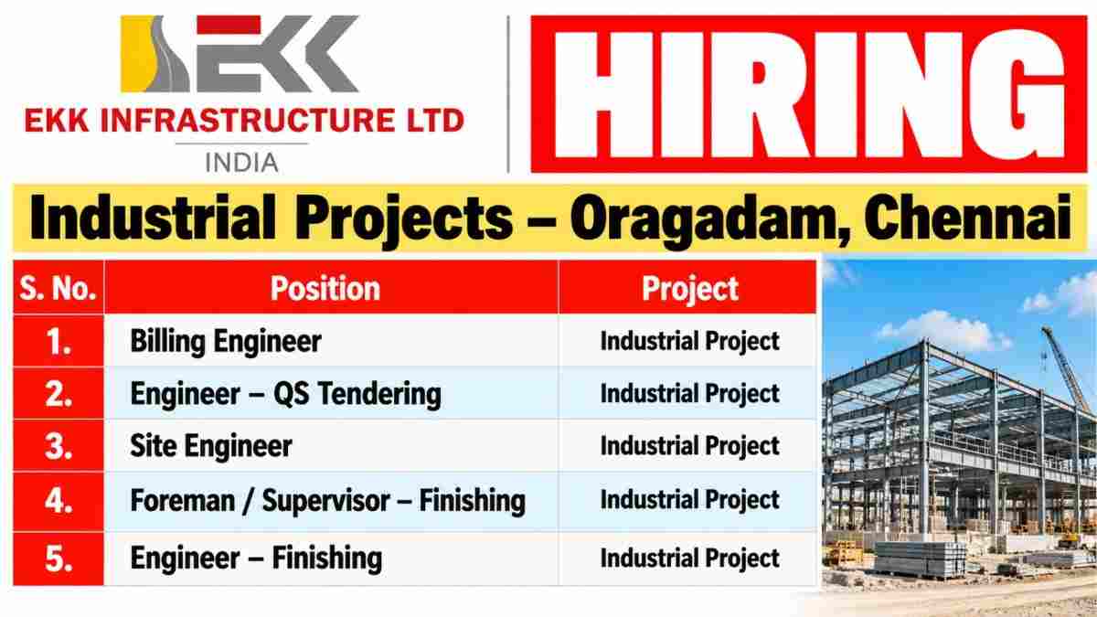 EKK Infrastructure Recruitment 2026 – Billing, QS, Site & Finishing Jobs in Oragadam Chennai