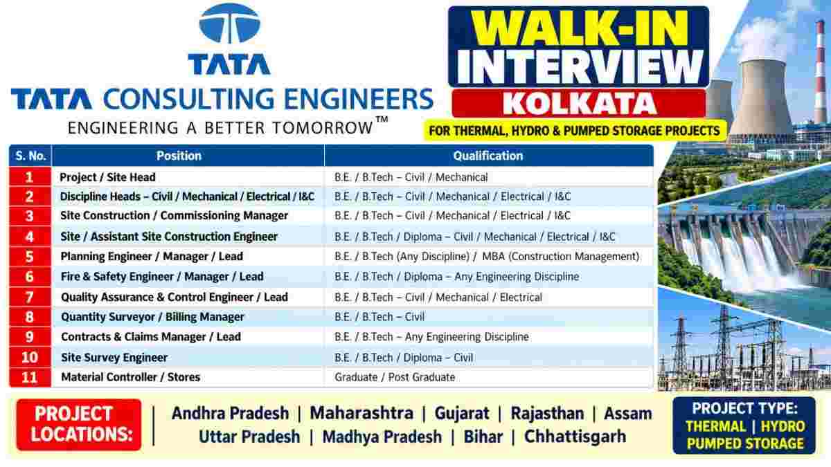 Tata Consulting Engineers Recruitment 2026 – Walk-In Interview for Thermal, Hydro & Pumped Storage Power Projects