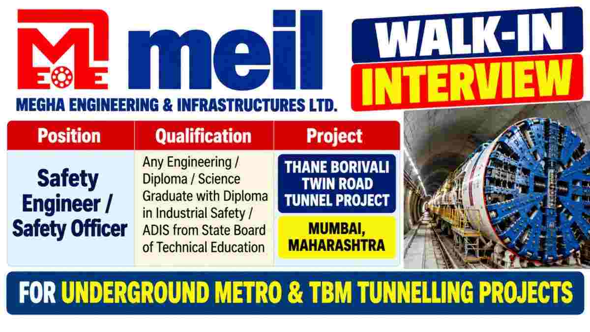Megha Engineering & Infrastructures Ltd. Recruitment 2026 – Safety Engineer & Safety Officer Jobs | TBM Tunnelling Project Mumbai