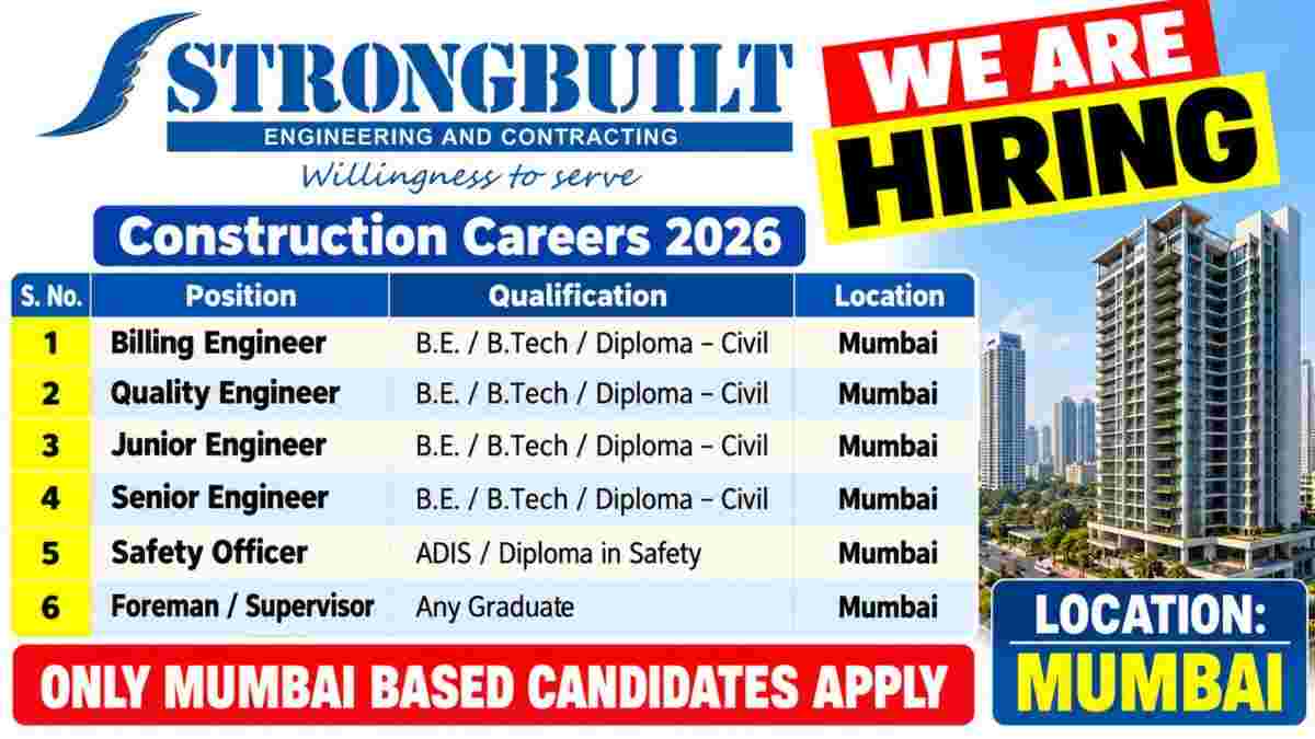 Shapoorji Pallonji Engineering & Construction Recruitment 2026 – Construction, Planning, QA/QC, Safety & Admin Jobs in Eastern India 3 Strongbuilt Recruitment 2026 – 6 Construction Jobs in Mumbai | Billing, Civil, QA/QC & Safety Vacancies