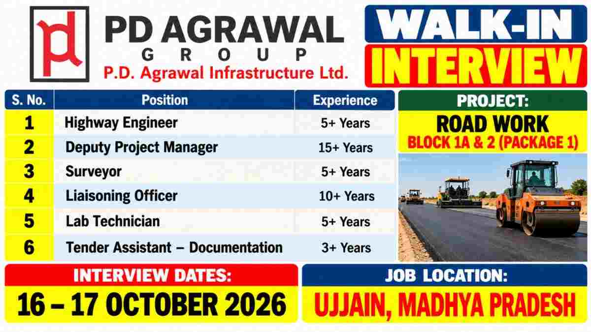 P.D. Agrawal Infrastructure Ltd. Recruitment 2026: 39 Road Construction Jobs in Madhya Pradesh | Walk-In Interview