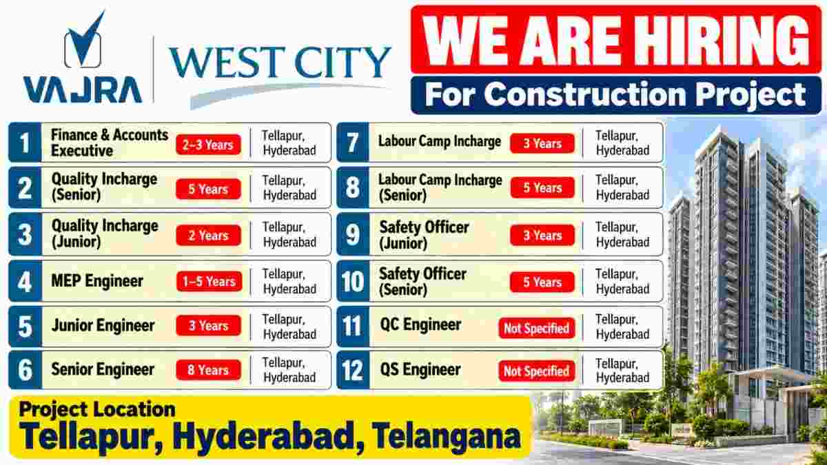 Vajra West City Recruitment 2026 – Finance, MEP, Civil, Safety & QC Engineer Jobs in Tellapur, Hyderabad