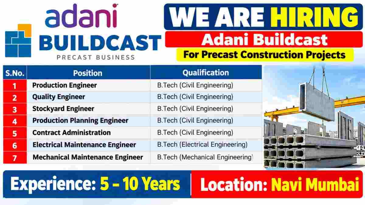 Adani Buildcast Recruitment 2026 – 7 Precast Construction Jobs in Navi Mumbai
