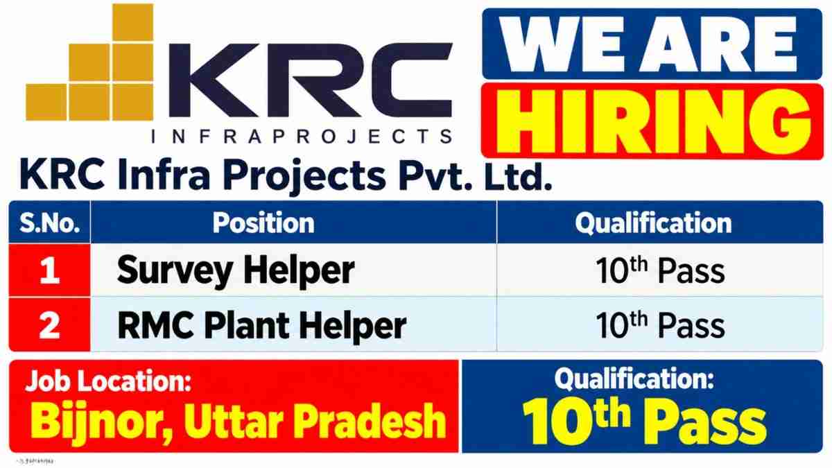 KRC Infra Projects Pvt. Ltd. Recruitment 2026 – Survey Helper & RMC Plant Helper Jobs in Bijnor, Uttar Pradesh