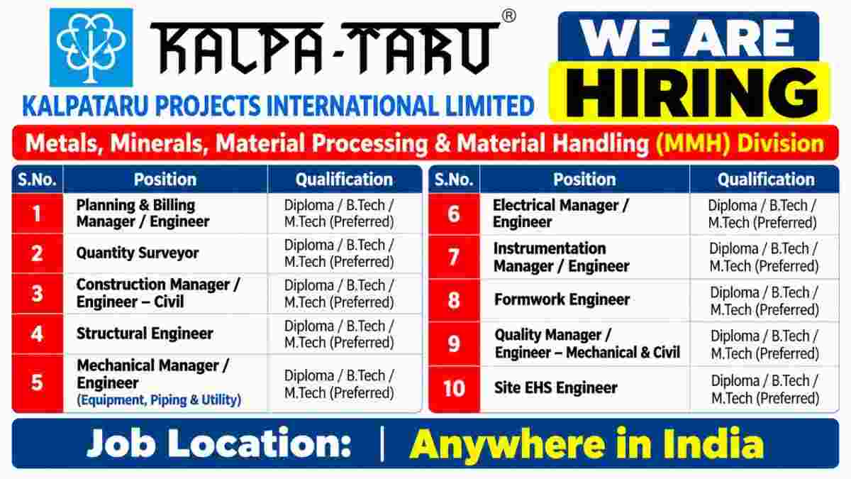 Kalpataru Projects International Ltd. Recruitment 2026 | EPC Construction Jobs Across India