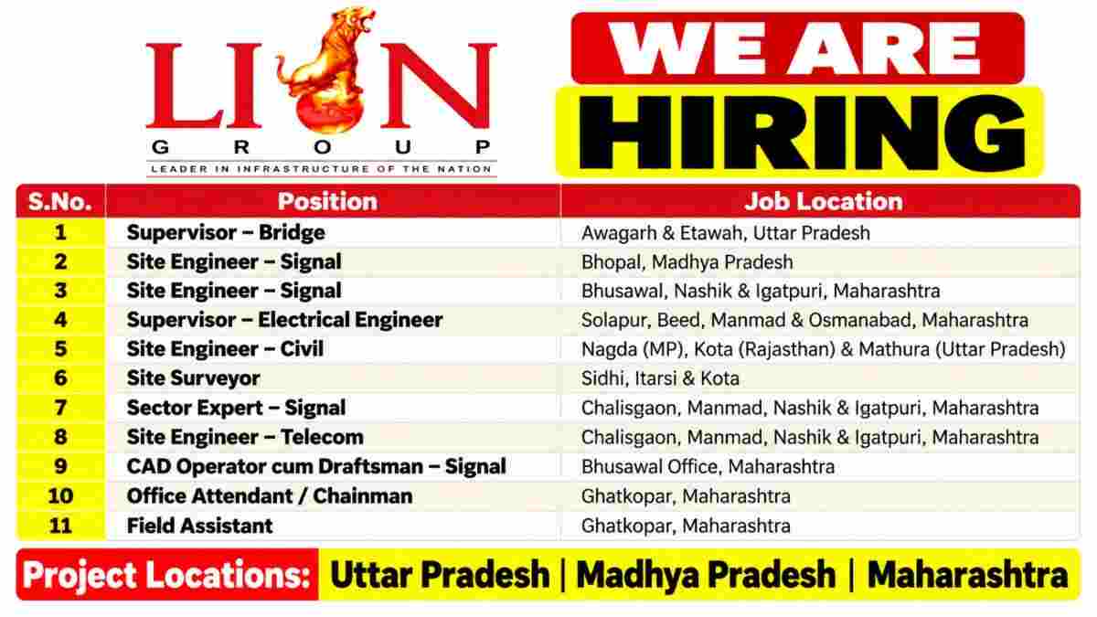 Arrow Associates Infrastructure Vacancy | Yavatmal–Nanded New Broad Gauge (BG) Railway Project 4 Lion Group Recruitment 2026 | 11 Railway Project Job Openings Across India