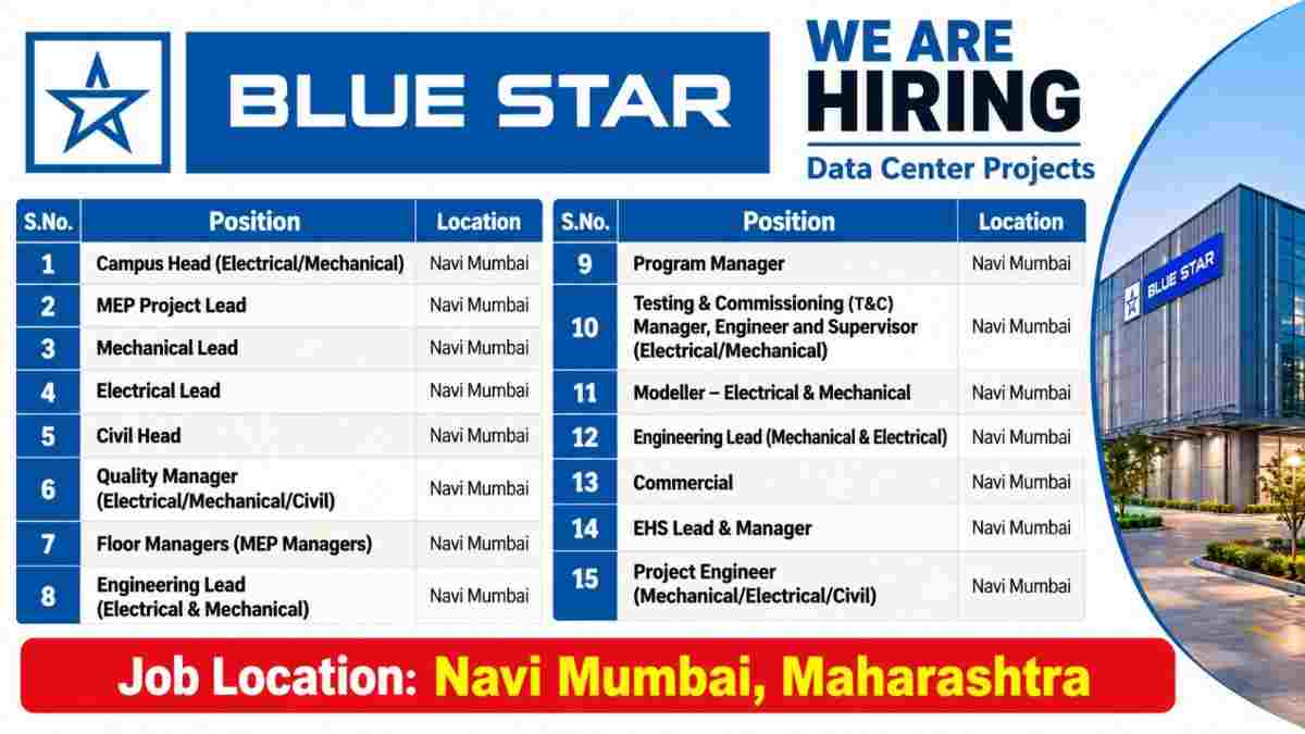 Blue Star Recruitment 2026: Data Center Jobs in Navi Mumbai | Multiple Engineering Vacancies