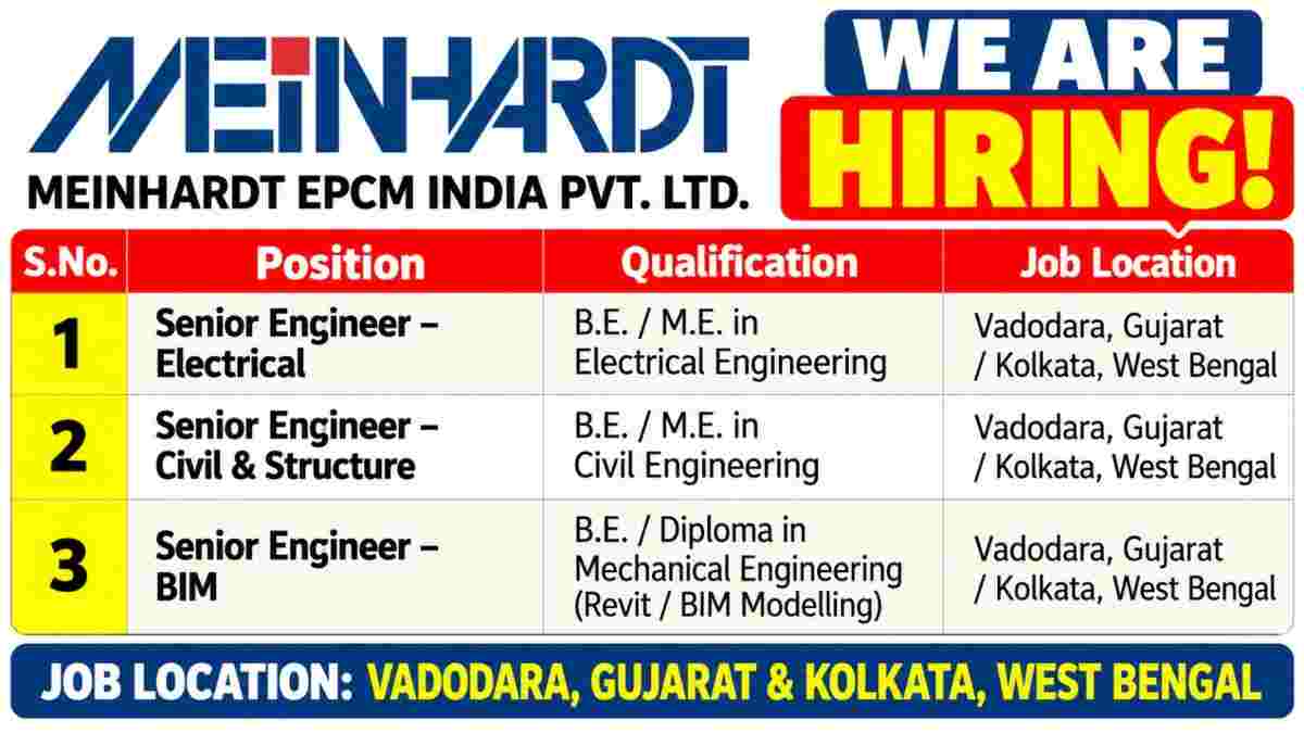 Lodha Group Recruitment 2026 | QA/QC, EHS, Project & Design Jobs 2 Meinhardt EPCM India Pvt. Ltd. Recruitment 2026 | Senior Engineer Jobs in Vadodara & Kolkata