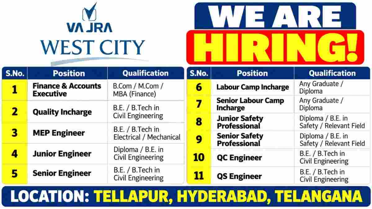 Vajra West City Recruitment 2026 | Multiple Construction Jobs in Tellapur, Hyderabad