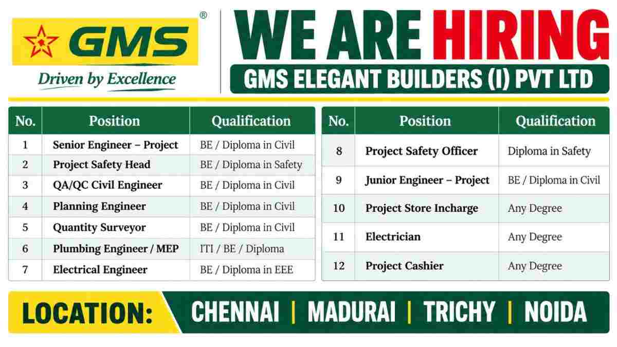 GMS Elegant Builders India Pvt. Ltd. Recruitment 2026 | Construction Jobs in Chennai, Madurai, Trichy & Noida