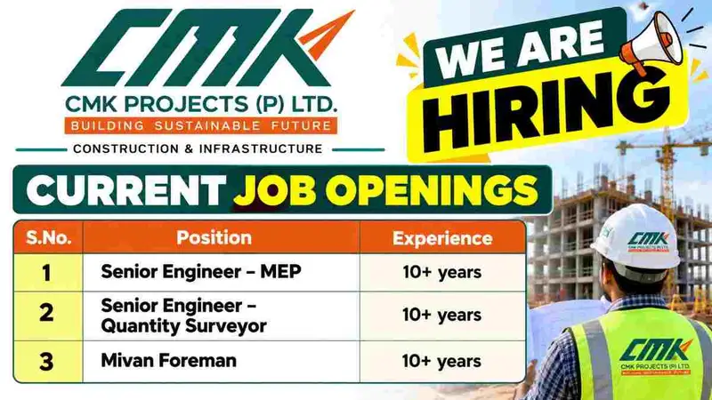 CMK Projects (P) Ltd. Recruitment 2026 | MEP, Quantity Surveyor & Mivan Foreman Jobs