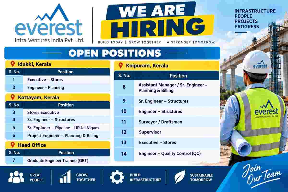 Everest Infra Ventures Recruitment 2026 – Civil, Planning, Billing, Structures & Stores Jobs