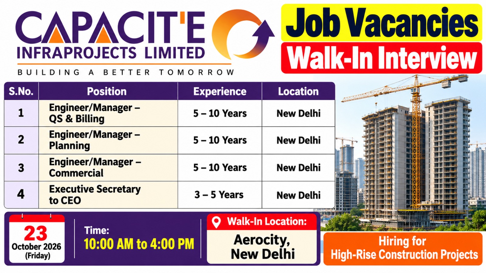 Capacite Infraprojects Ltd Recruitment 2026 – Walk-In Interview for QS, Planning & Commercial Jobs in Delhi